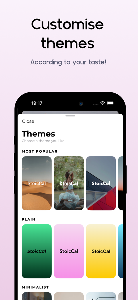 A menu screen within the Stoic Life Calendar app showing different theme options including nature photography and solid color backgrounds