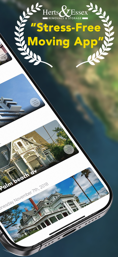 Pro Moving Planner - Smartphone screen displaying the Pro Moving Planner app interface with house photos and an award-style endorsement for stress-free moving.