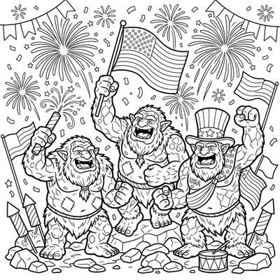 Join a festive group of mighty trolls as they enthusiastically celebrate Independence Day. This vibrant coloring page is packed with patriotic symbols, bursting fireworks, and waving flags, ready for your creative touch.