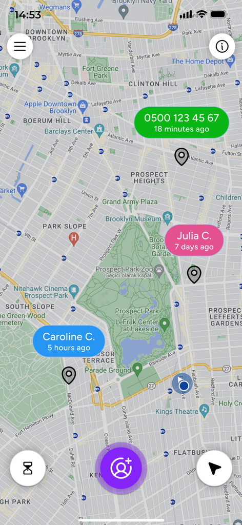 Phone Tracker for Number - Map interface showing multiple contact locations with names and timestamps in Brooklyn