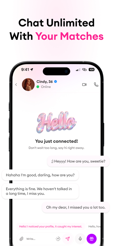 Uno smartphone che mostra la schermata di chat dell'app Amore con una conversazione attiva tra due abbinamenti
