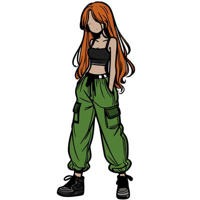 girl in baggy pants crop top and long hair