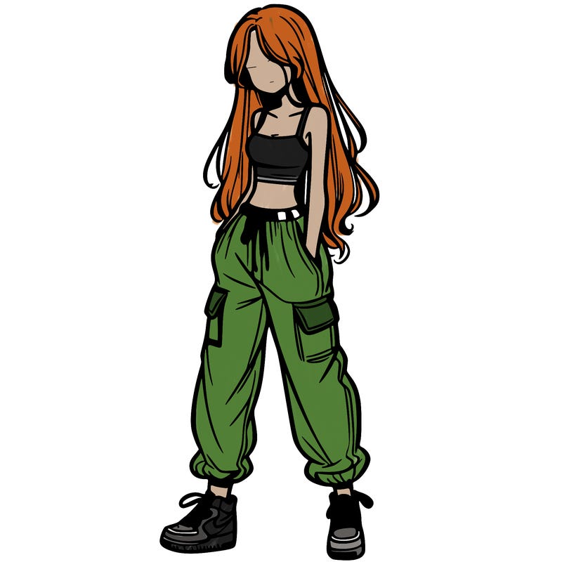girl in baggy pants crop top and long hair