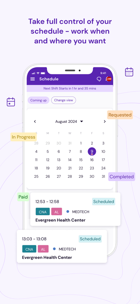 Nursa app mobile interface showing a flexible healthcare work schedule with labels for shift status like paid and requested