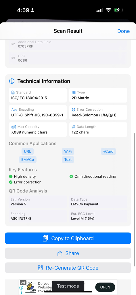 Technical information screen of a scanned QR code showing EMVCo payment data analysis and barcode specifications.
