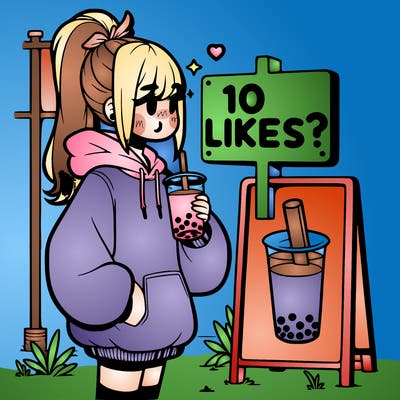 girl with oversized hoodie drinking boba and she has a high ponytail with a sign that says 10likes?