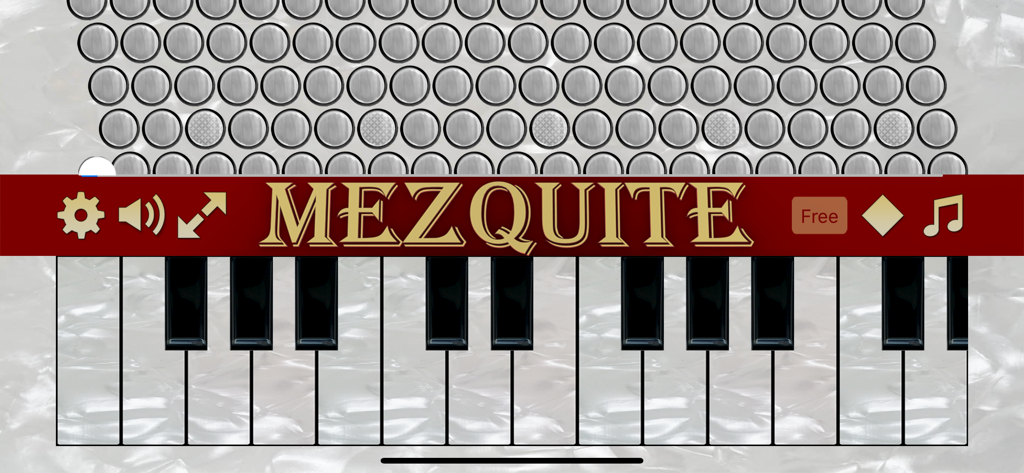 Mezquite Piano Accordion app interface with piano keys and bass buttons