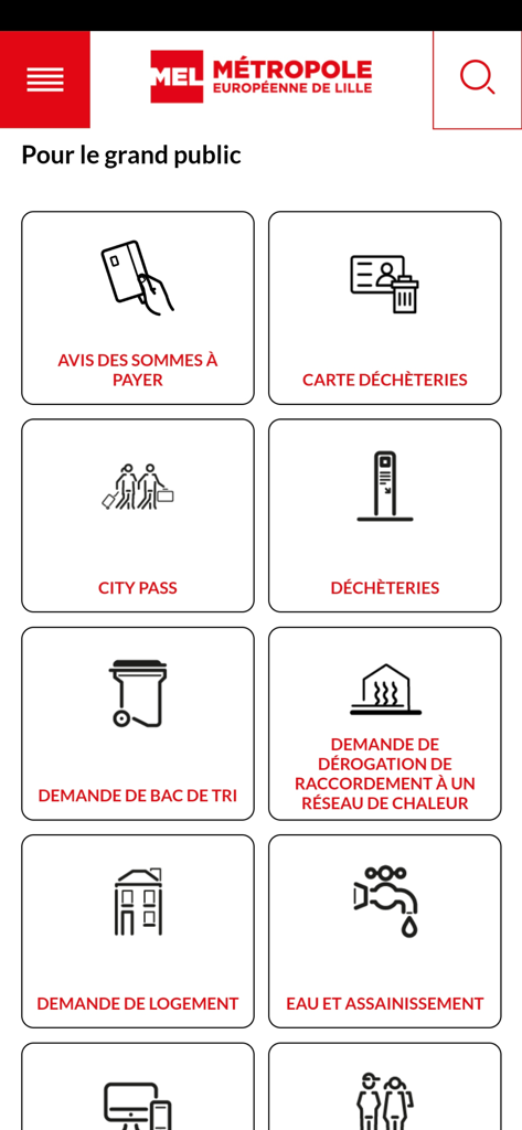 MEL et VOUS - Un menú basado en cuadrícula en la aplicación MEL et VOUS que muestra varios servicios públicos como gestión de residuos, pase de ciudad y solicitudes de vivienda