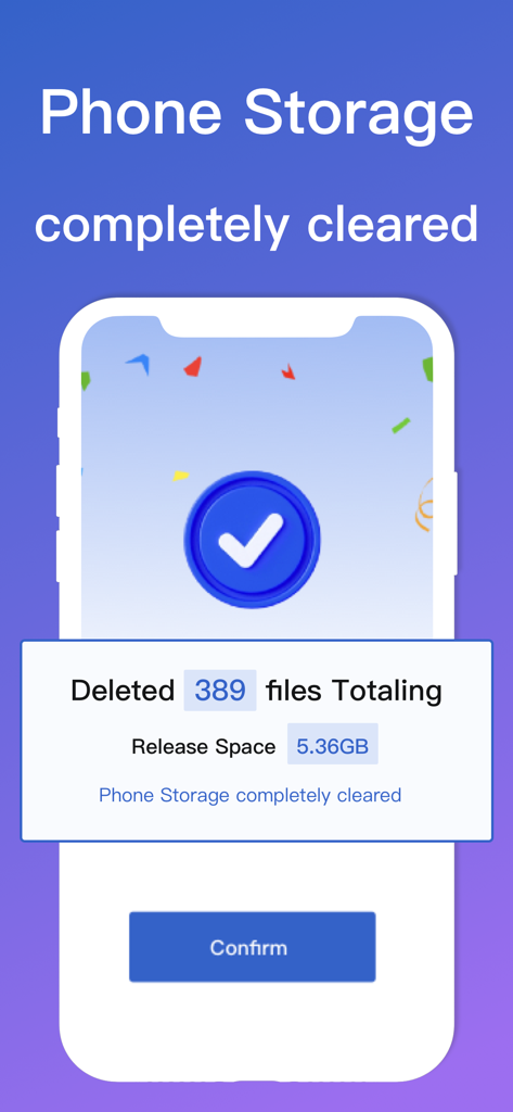 Phone Cleaner-Storage Clean up - Una pantalla de confirmación en la aplicación Phone Cleaner que muestra 389 archivos eliminados y 5.36 GB de espacio de almacenamiento liberado.