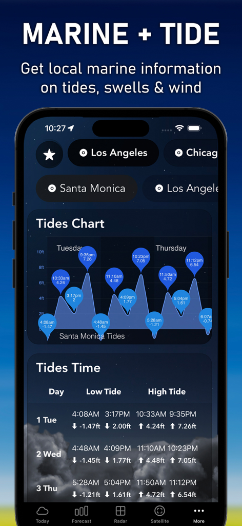 AIM Weather - AIM Weather app showing local marine tide charts and swell information for Santa Monica.
