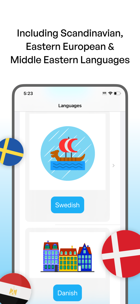 Polyglot: Learn New Languages - Interface do aplicativo Poliglota mostrando opções para aprender idiomas escandinavos como sueco e dinamarquês.