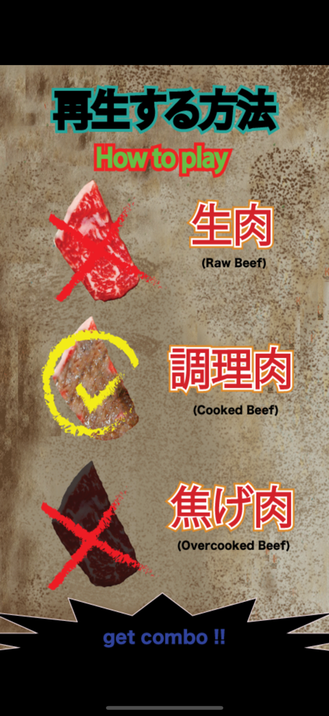Yakiniku King - Pantalla de tutorial para Yakiniku King explicando cómo seleccionar correctamente la carne de res cocida