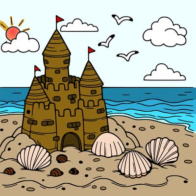 sandcastle at the beach with seashells