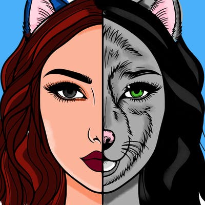 split face realistic woman and wolf