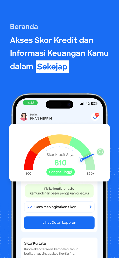 SkorKu mobile app dashboard showing a high Indonesian credit score gauge of 810