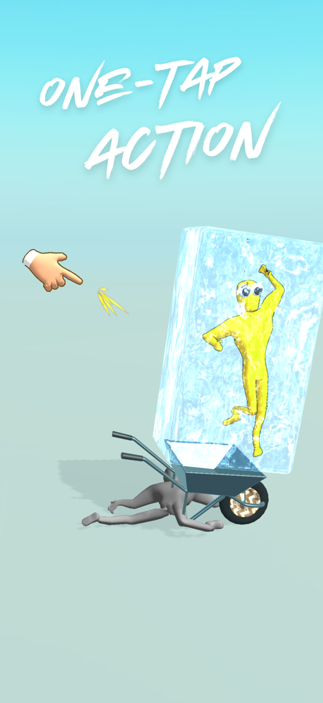 Flip Beat: Ragdoll Shooter - Gameplay screenshot showing a yellow ragdoll character frozen in a block of ice on a wheelbarrow with the text one tap action.