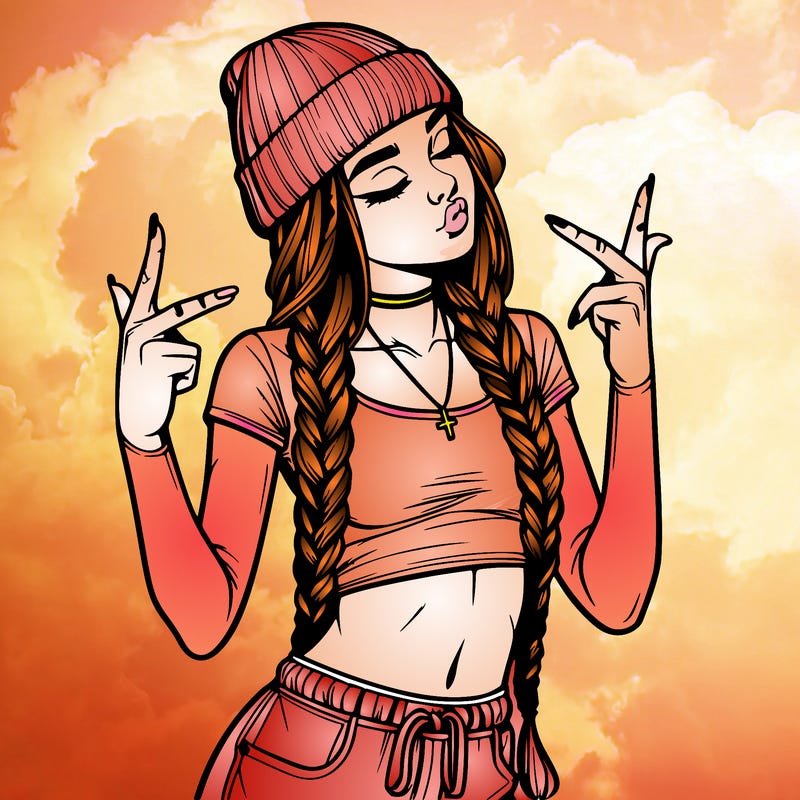 realistic teenage girl with braids and a beanie and crop top doing 🫶🏼
