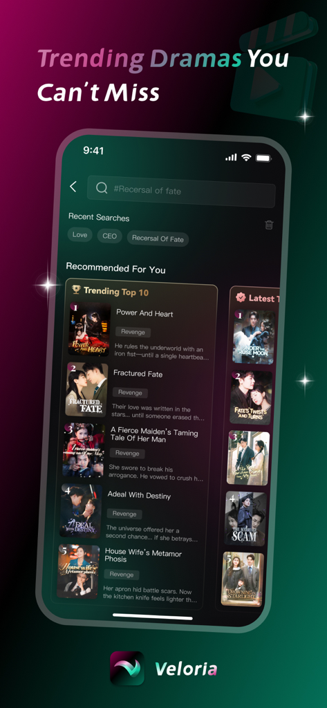 Veloria - Tales in a Blink - Veloria app interface showing a list of trending short dramas including titles like Power and Heart and Fractured Fate on a smartphone screen.