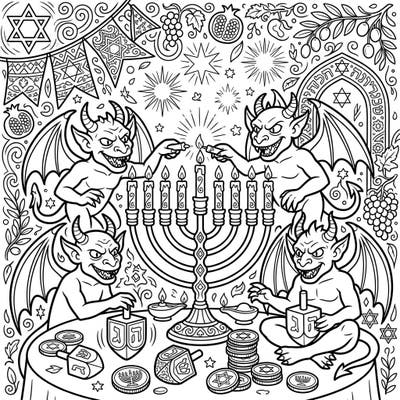 Discover a truly unique holiday coloring experience with this Demonic Gargoyles Hanukkah page. Watch as these traditionally fearsome creatures embrace the joy and light of the festival, complete with menorahs, dreidels, and gelt.