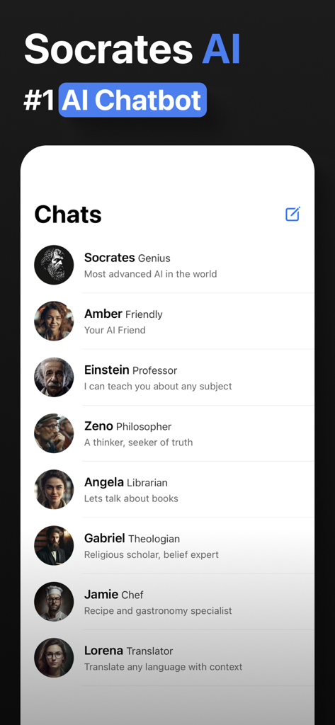 Socrates AI: Smartest Chatbots - A list of different AI chatbot personas available in the Socrates AI app including Socrates Amber and Einstein