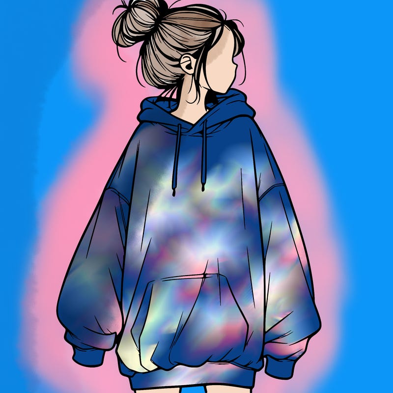 realistic girl with a oversized sweatshirt on and a bun