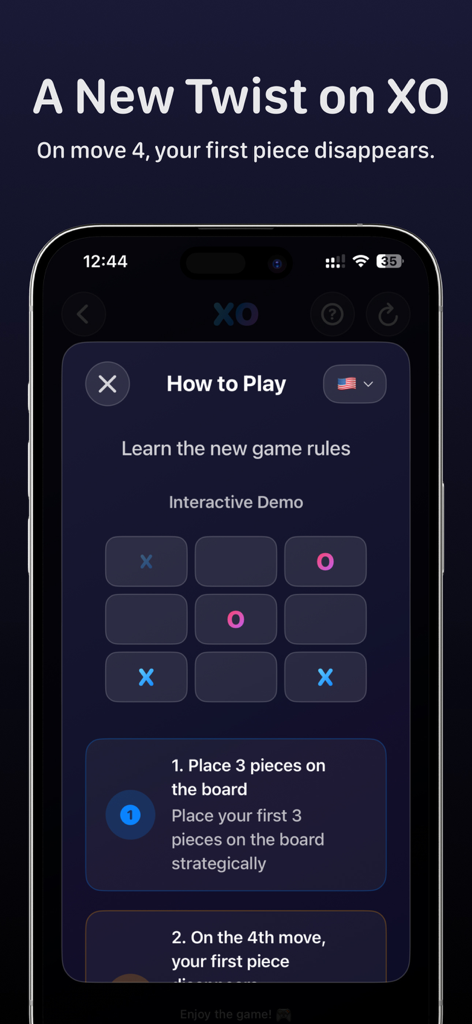 XO Glow: Party Tic Tac Toe - Pantalla de tutorial de la aplicación XO Glow explicando la nueva regla del cuarto movimiento que desaparece con iconos de neón sobre un fondo oscuro