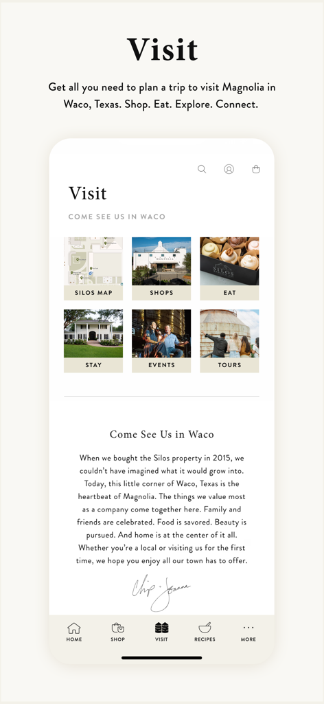 Magnolia | Time Well Spent - Magnoliaアプリの訪問画面には、テキサス州Wacoへの旅行計画が掲載されています