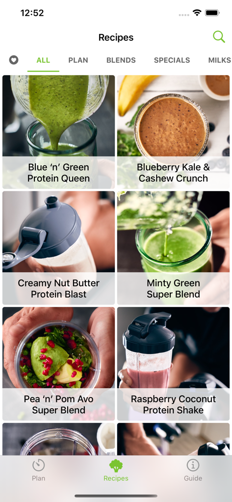 A gallery of healthy smoothie recipes in the Jason Vale Super Blend Me app including protein and green blends.