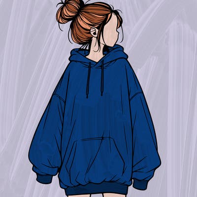 realistic girl with a oversized sweatshirt on and a bun