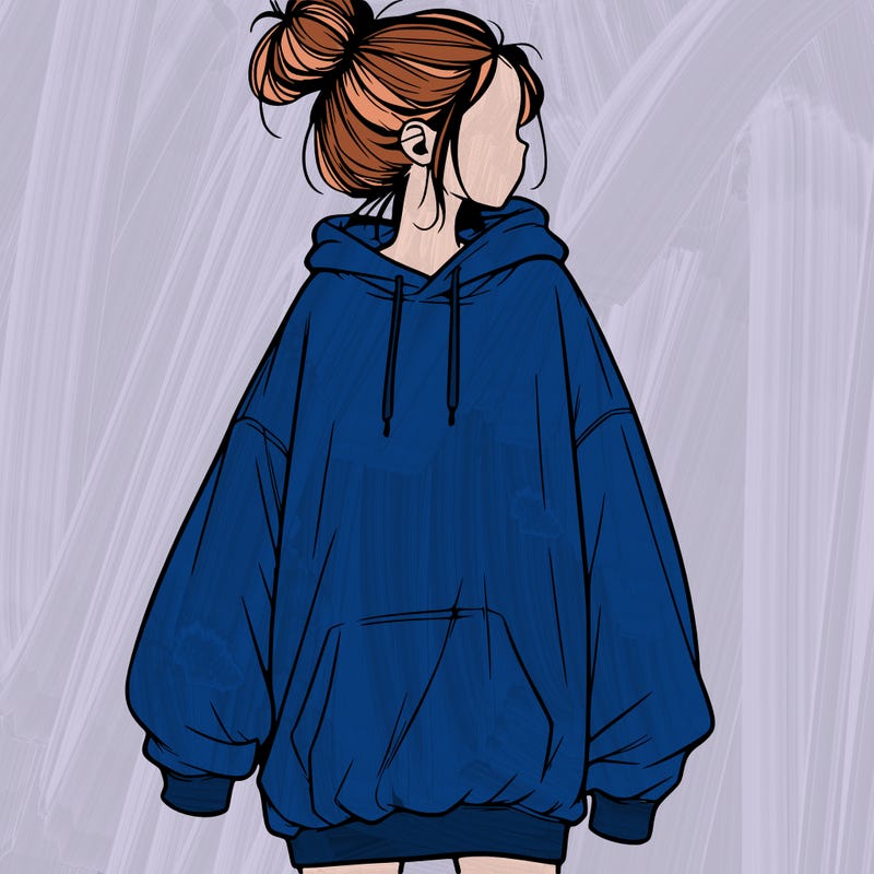 realistic girl with a oversized sweatshirt on and a bun