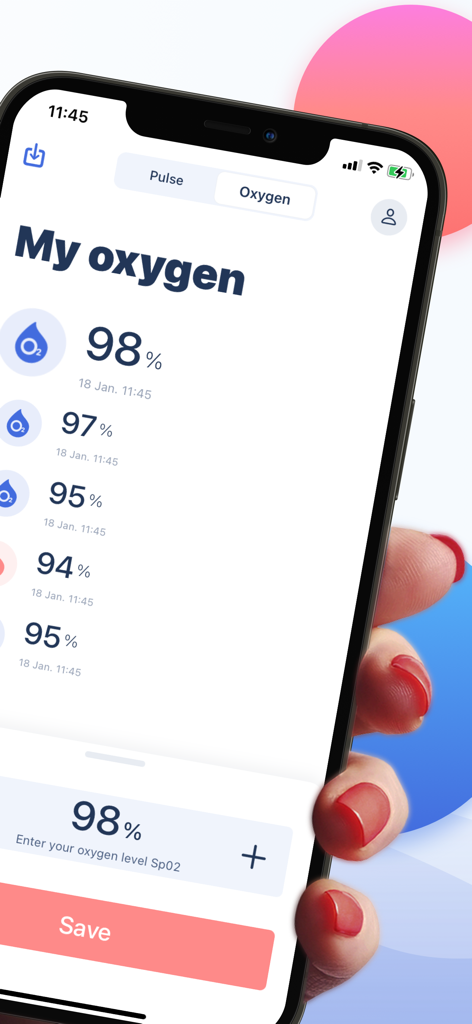 Mobile app interface for logging and tracking blood oxygen saturation levels with a history of past SpO2 readings