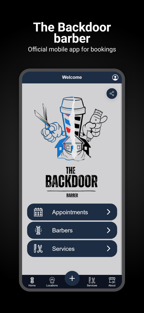 The Backdoor barber - Tela inicial do aplicativo The Backdoor Barber mostrando agenda, barbeiros e menu de serviços