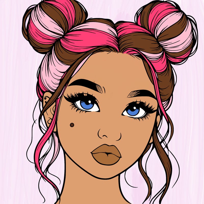 realistic girl with two buns on her hair and lips