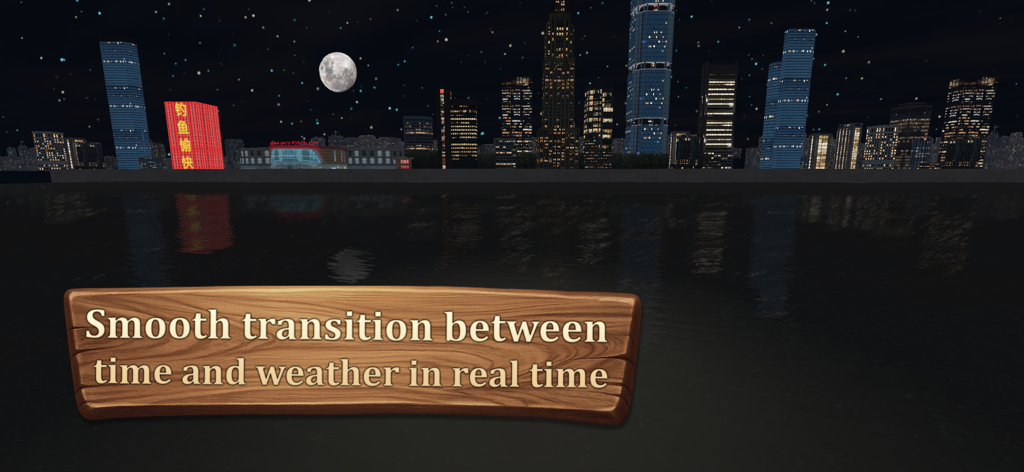 True Fishing 2 - Night fishing location featuring a city skyline under a full moon in True Fishing 2.