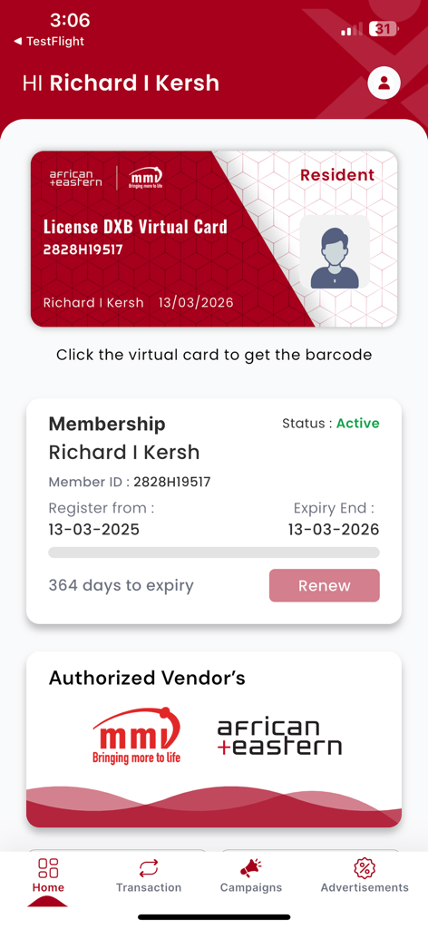 LICENSE DXB APP - A digital resident license card displayed on a mobile app interface with member details and authorized vendors