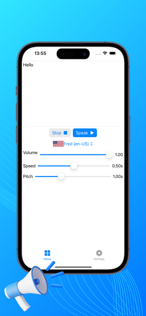 TTS: Voice Aloud Reader - Interfaz de la aplicación TTS Voice Aloud Reader que muestra controles para el volumen, la velocidad y los ajustes de tono de la voz
