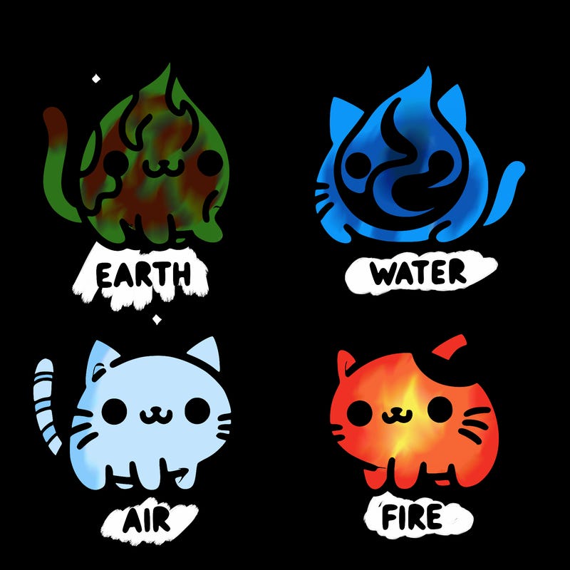 4 cats that represent the different elements, earth, water, air, and fire