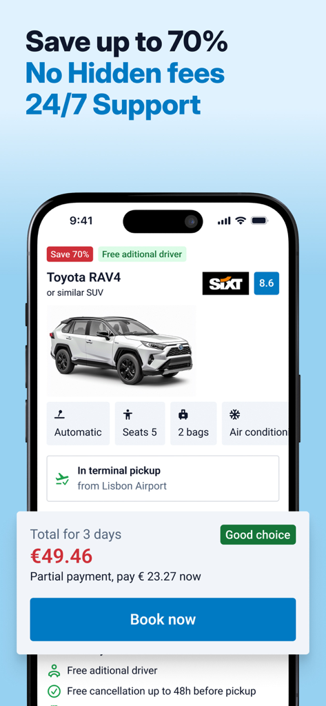 DiscoverCars－Car Rental & Hire - DiscoverCars app screen showing a Toyota RAV4 car rental booking with transparent pricing and no hidden fees