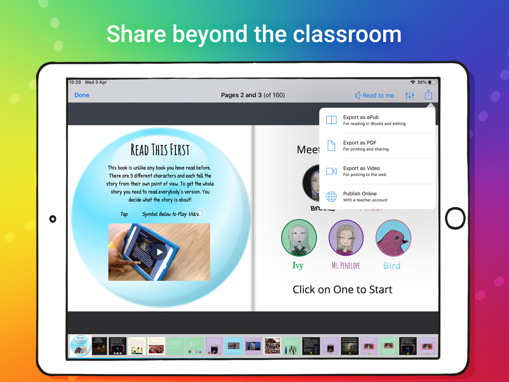 Book Creator One - Schermata iPad che mostra l'app Book Creator One con opzioni per esportare un libro digitale come ePub, PDF o video.