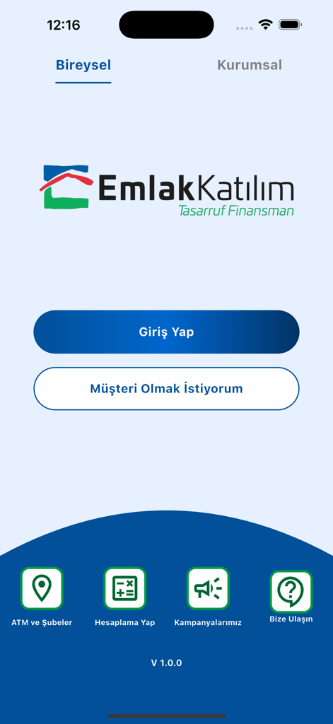 Emlak Katılım Tasarruf Finans - Emlak Katilim Tasarruf Finans mobile app welcome screen with login options and financial tools.
