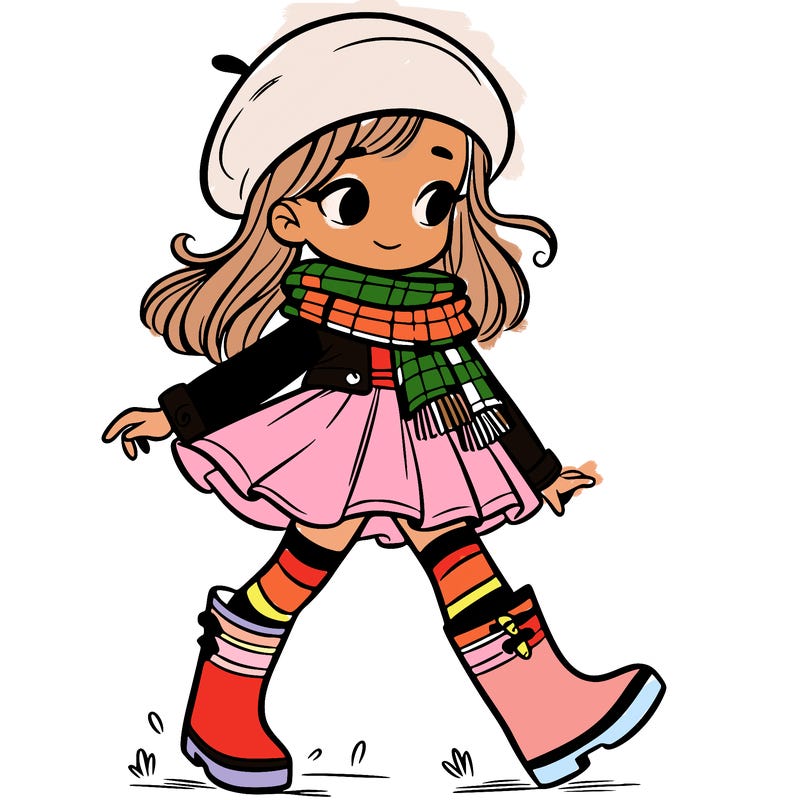 girl woth scarf, beret hat a short skirt and rain boots