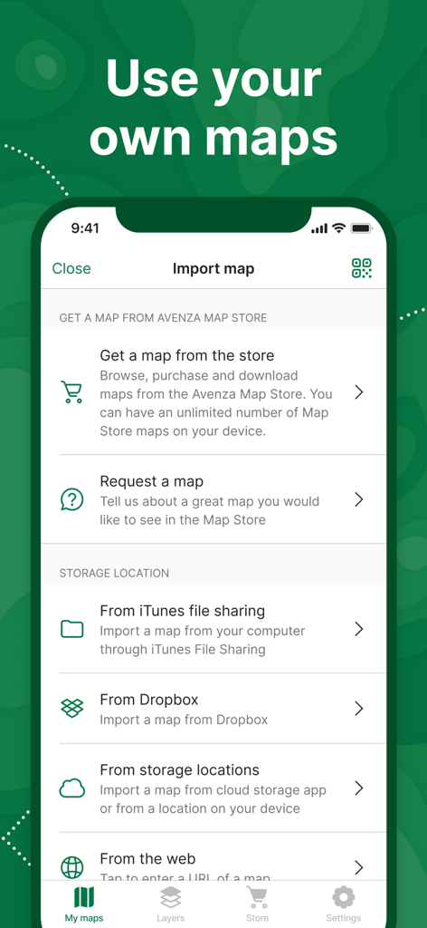 Avenza Maps: Offline Mapping - L'interface de l'application Avenza Maps affiche les options d'importation de cartes depuis le stockage cloud du magasin et le Web.