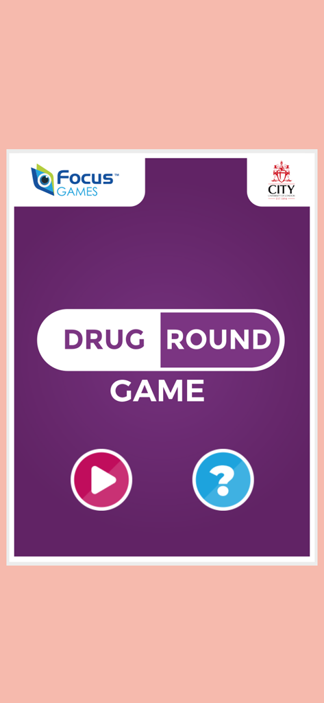 Home screen of the Drug Round Game with play and help buttons