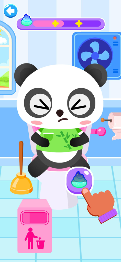Kids Puzzle ABC Learning Games - A cute panda character sitting on a toilet in a bathroom scene designed to teach toddlers life skills.