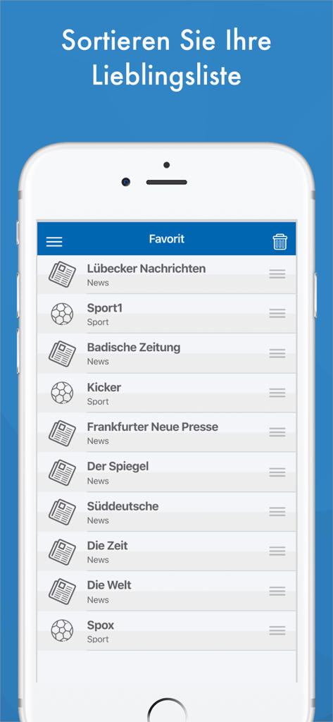 Nachrichten Deutsche Aktuelle - A smartphone screen displaying a list of favorite German news and sports sources in the Nachrichten Deutsche app