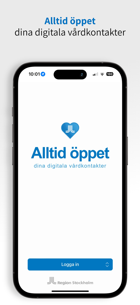 Alltid öppet - Login screen of the Alltid öppet app by Region Stockholm for digital healthcare services