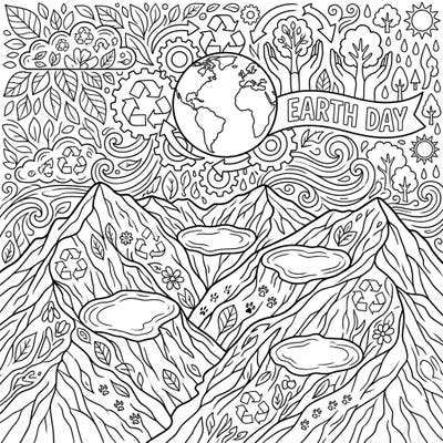 Dive into a stunning Earth Day coloring page featuring majestic cirque glaciers nestled within mountain peaks. This intricate design celebrates environmental protection with symbols of nature, recycling, and our beautiful planet.