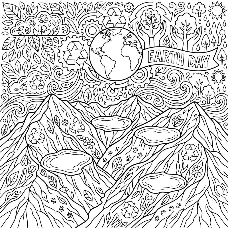 Dive into a stunning Earth Day coloring page featuring majestic cirque glaciers nestled within mountain peaks. This intricate design celebrates environmental protection with symbols of nature, recycling, and our beautiful planet.