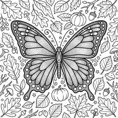 Discover the magic of autumn with this intricate dot work butterfly coloring page, featuring delicate wing patterns and a delightful spread of fall foliage and harvest elements. This enchanting design is perfect for bringing the serene beauty of the season to life with your favorite colors.