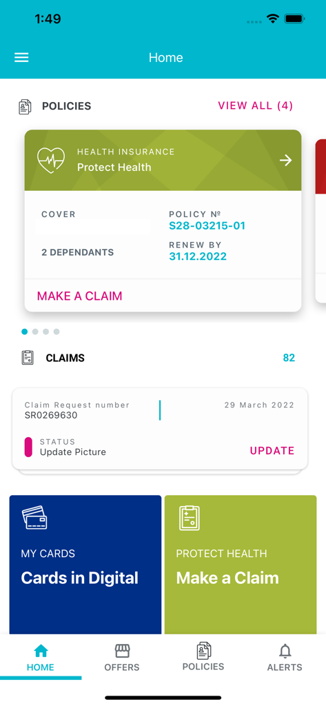 Home screen of the mySWAN app displaying insurance policies, claim status, and digital health cards.